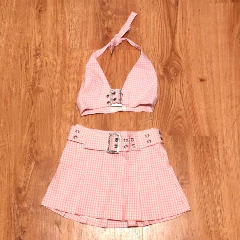 Pink plaid skirt and top